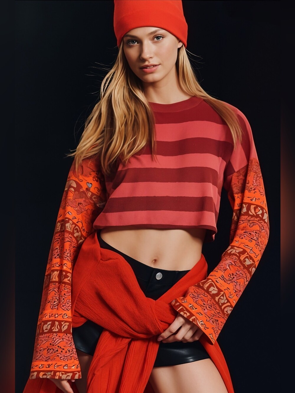 Free People We The Free Jamie Striped   Crop Top With Paisley Sleeves